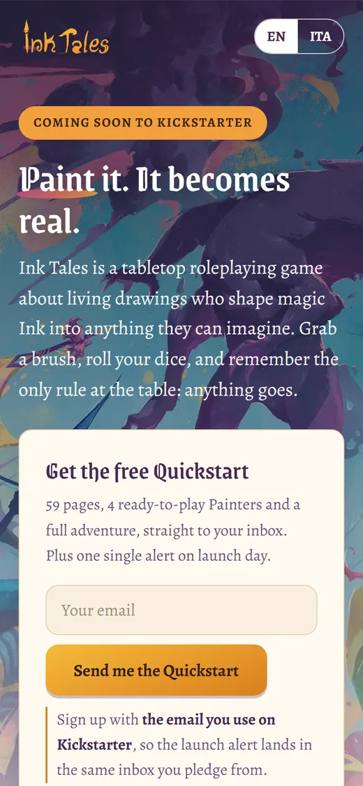 Ink Tales prelaunch landing page on a phone