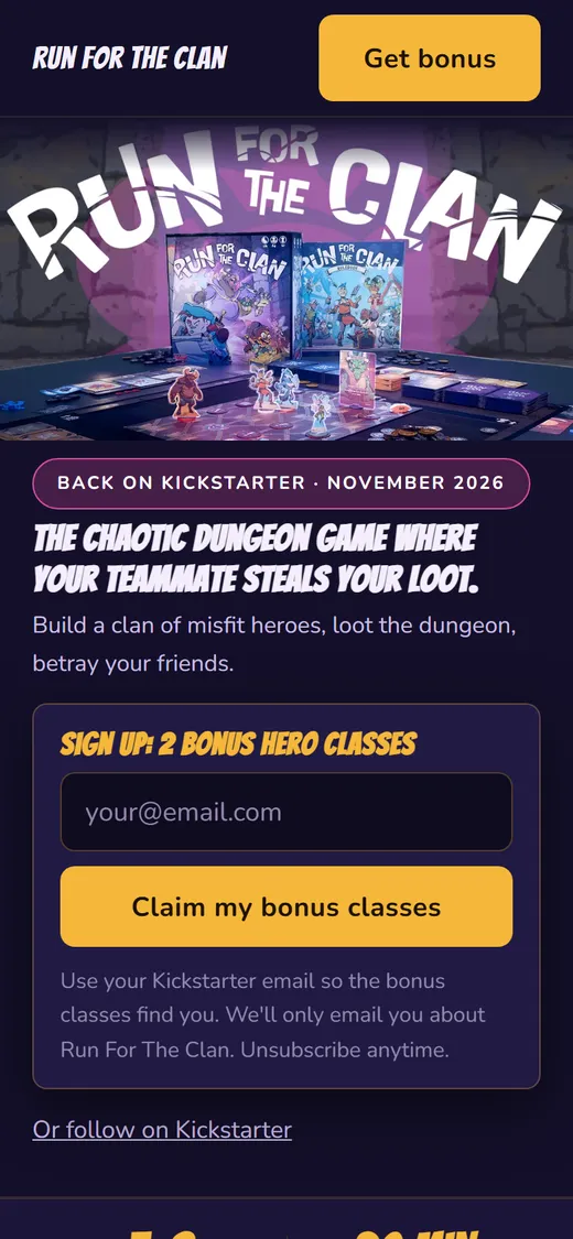 Run For The Clan prelaunch landing page on a phone